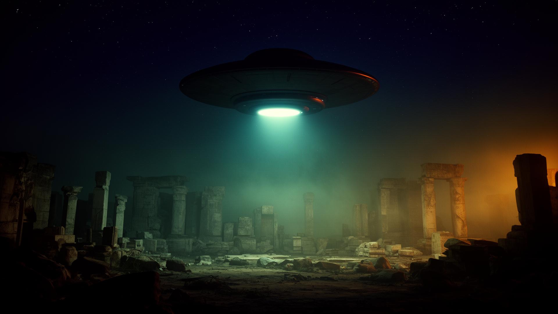 UFO over ancient ruins